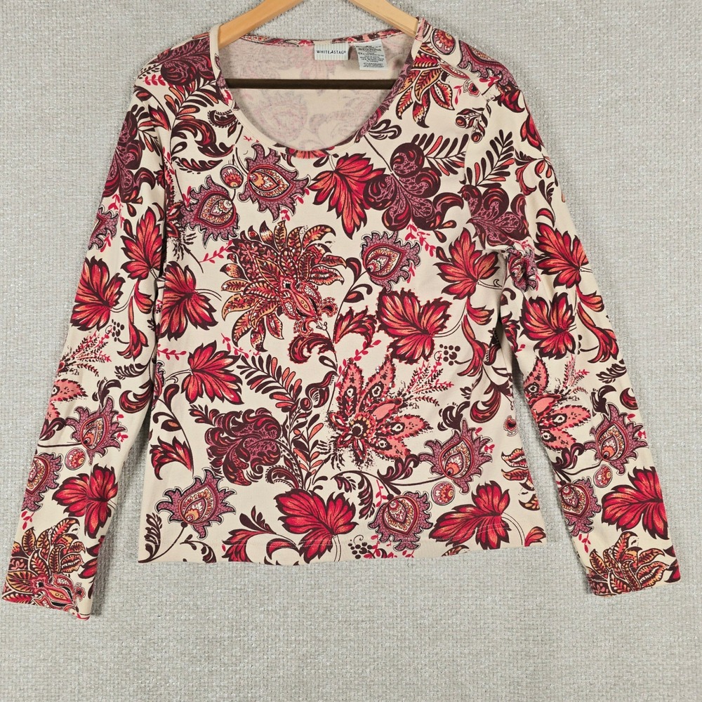 White Stag Womens Size XL Red Floral‎ Paisley Beaded Long Sleeve Cotton Top